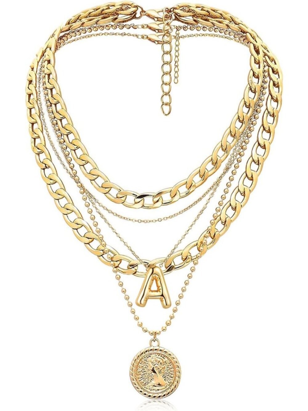 Trendy Layered Initial Coin Pendant Necklace | Dainty Chunky Chain Choker